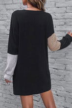 Load image into Gallery viewer, Black Ribbed Color Block Drop Shoulder Long Sleeve Mini Dress
