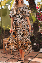 Load image into Gallery viewer, Brown Leopard Print Bubble Sleeve Square Neck Maxi Dress
