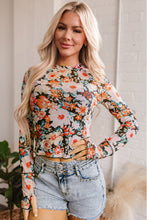 Load image into Gallery viewer, Orange Floral Mesh Slim Long Sleeve Crop Top
