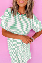 Load image into Gallery viewer, Green Stripe Ruffled Short Sleeve Crew Neck T Shirt Shift Mini Dress
