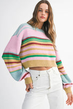 Load image into Gallery viewer, Multicolour Striped Knit Ribbed Trim Boxy Fit Cropped Sweater
