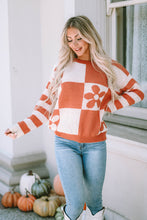 Load image into Gallery viewer, Brown Checkered Floral Print Striped Sleeve Sweater
