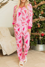 Load image into Gallery viewer, Pink Christmas Tree Print V Neck Buttoned Pullover and Drawstring Pants Lounge Set
