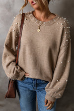 Load image into Gallery viewer, Smoke Gray Pearled Drop Shoulder Round Neck Sweater
