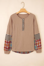 Load image into Gallery viewer, Straw Yellow Waffle Stripe Plaid Patchwork Henley Knit Top
