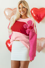 Load image into Gallery viewer, Pink Floral Patch Color Block Striped Sleeve Textured Top
