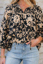 Load image into Gallery viewer, Black Floral Shirred Yoke Bracelet Sleeve Split Neck Boho Blouse
