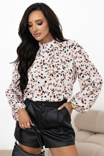 Load image into Gallery viewer, White Leopard Print Lantern Sleeve Mock Neck Pleated Blouse
