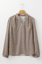 Load image into Gallery viewer, Khaki Geometric Print Notched Neck Puff Sleeve Blouse
