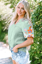 Load image into Gallery viewer, Clearly Aqua Floral Embroidered Puff Sleeve Split Neck Blouse

