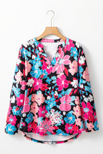 Load image into Gallery viewer, Pink Floral V Neck Roll Tab Sleeve Blouse
