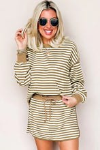 Load image into Gallery viewer, Brown Stripe Textured Drop Shoulder Pullover Top Drawstring Mini Skirt Two Piece Dress Set
