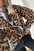 Load image into Gallery viewer, Brown Wild Leopard Print Contrast Striped Frilled Trim Chic Shirt
