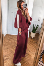 Load image into Gallery viewer, Burgundy Varsity Striped 3/4 Sleeve Pullover Drawstring Sweatpants Set
