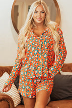 Load image into Gallery viewer, Orange Leopard Print Long Sleeve Shirt and Shorts Pajama Set
