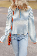 Load image into Gallery viewer, Sky Blue Stripe Textured Frilly Trim Buttons Henley Long Sleeve Top
