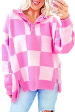 Load image into Gallery viewer, Pink Checkerboard Half Button Collared Drop Shoulder Sweater
