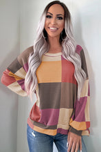 Load image into Gallery viewer, Rose Red Checkered Print Textured Knit Long Sleeve Loose Top
