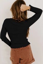 Load image into Gallery viewer, Black Lace Neckline Button Decor Lettuce Edge Long Sleeve Ribbed Top
