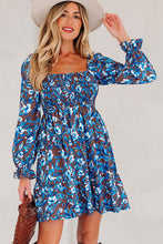 Load image into Gallery viewer, Blue Smocked Bodice High Waist Ruffled Sleeve Floral Dress
