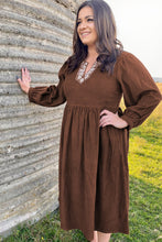 Load image into Gallery viewer, Coffee Embroidered Notched Neckline Textured Pleated High Waist Plus Size Midi Dress

