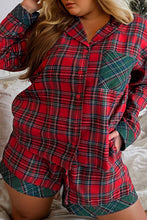 Load image into Gallery viewer, Red Plus Size Plaid Contrast Patchwork Long Sleeve Shirt and Shorts 2pcs Pajama Set
