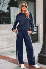 Load image into Gallery viewer, Dirty blue Varsity Striped Detail Crewneck Pullover Elastic Sweatpants 2pcs Outfit
