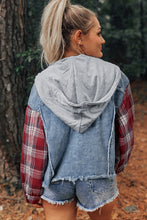 Load image into Gallery viewer, Beau Blue Plaid Print Patchwork Hooded Raw Hem Denim Jacket
