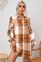Load image into Gallery viewer, Khaki Plaid Pattern Collared Neck Ruffled Sleeve Shirt Dress
