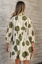 Load image into Gallery viewer, Guacamole Green Floral Striped Print Contrast Piping Puff Sleeve Dress

