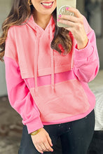 Load image into Gallery viewer, Pink Textured Color Block Kangaroo Pocket Drop Shoulder Hoodie
