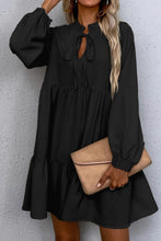 Load image into Gallery viewer, Black Tie Split Neck Smocked Detail Long Puff Sleeve Ruffle Hem Loose Dress
