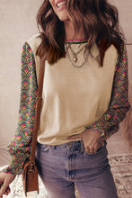 Load image into Gallery viewer, Apricot Floral Patchwork Shirred Cuff Puff Sleeve Sweater
