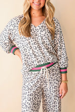 Load image into Gallery viewer, Gray V Neck Leopard Long Sleeve Top Striped Webbing Patchwork Drawstring Pant Set
