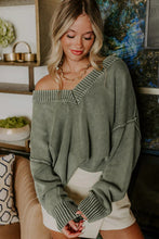 Load image into Gallery viewer, Four Leaf Clover Mineral Wash V Neck Knit Exposed Seam Drop Shoulder Loose Sweater
