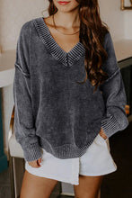 Load image into Gallery viewer, Black Mineral Wash V Neck Knit Exposed Seam Drop Shoulder Loose Sweater
