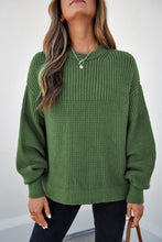 Load image into Gallery viewer, Vineyard Green Solid Color Mixed Textured Knitted Crew Neck Sweater
