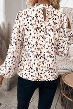 Load image into Gallery viewer, White Leopard Print Lantern Sleeve Mock Neck Pleated Blouse
