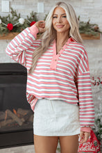 Load image into Gallery viewer, Pink Stripe Buttoned V Neck Collared Drop Shoulder Top
