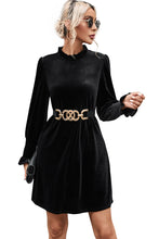 Load image into Gallery viewer, Black Velvet Frill Neck Long Sleeve Shift Dress
