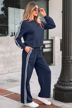 Load image into Gallery viewer, Dirty blue Varsity Striped Detail Crewneck Pullover Elastic Sweatpants 2pcs Outfit
