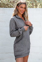 Load image into Gallery viewer, Dark Grey Zip up Collared Ribbed Patchwork Sweatshirt Dress with Pockets
