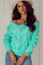 Load image into Gallery viewer, Mint Green Hollow Out Knit V Neck Drop Shoulder Sweater
