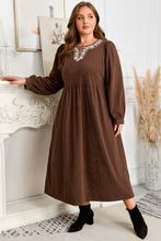 Load image into Gallery viewer, Coffee Embroidered Notched Neckline Textured Pleated High Waist Plus Size Midi Dress
