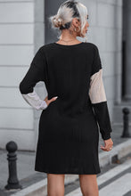 Load image into Gallery viewer, Black Ribbed Color Block Drop Shoulder Long Sleeve Mini Dress

