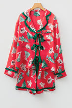 Load image into Gallery viewer, Red Christmas Fashion Print Contrast Ruffle Trim Ribbon Bow Knot 2pcs Pajama Set
