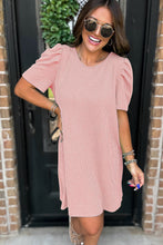 Load image into Gallery viewer, Blossom Corded Knit Crew Neck Puff Sleeve Shift Mini Dress
