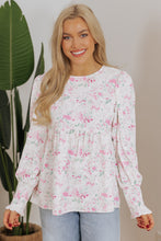 Load image into Gallery viewer, Pink Floral Print Shirred Balloon Sleeve Keyhole Back Babydoll Blouse
