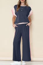 Load image into Gallery viewer, Navy Blue Color Block Detail Casual Two-piece Set
