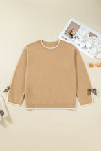 Load image into Gallery viewer, Tan Plus Size Leopard Bow Decor Split Cuffs Loose Sweater
